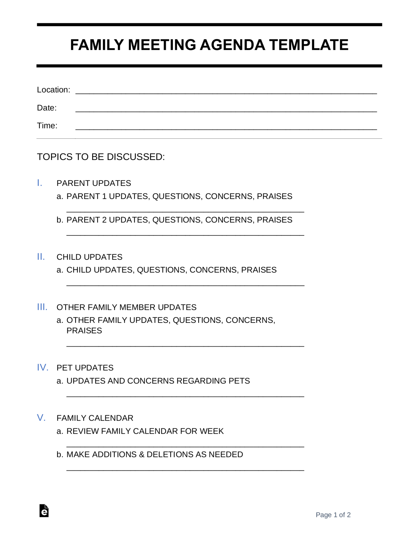 Free Family Meeting Agenda Template - PDF  Word – eForms