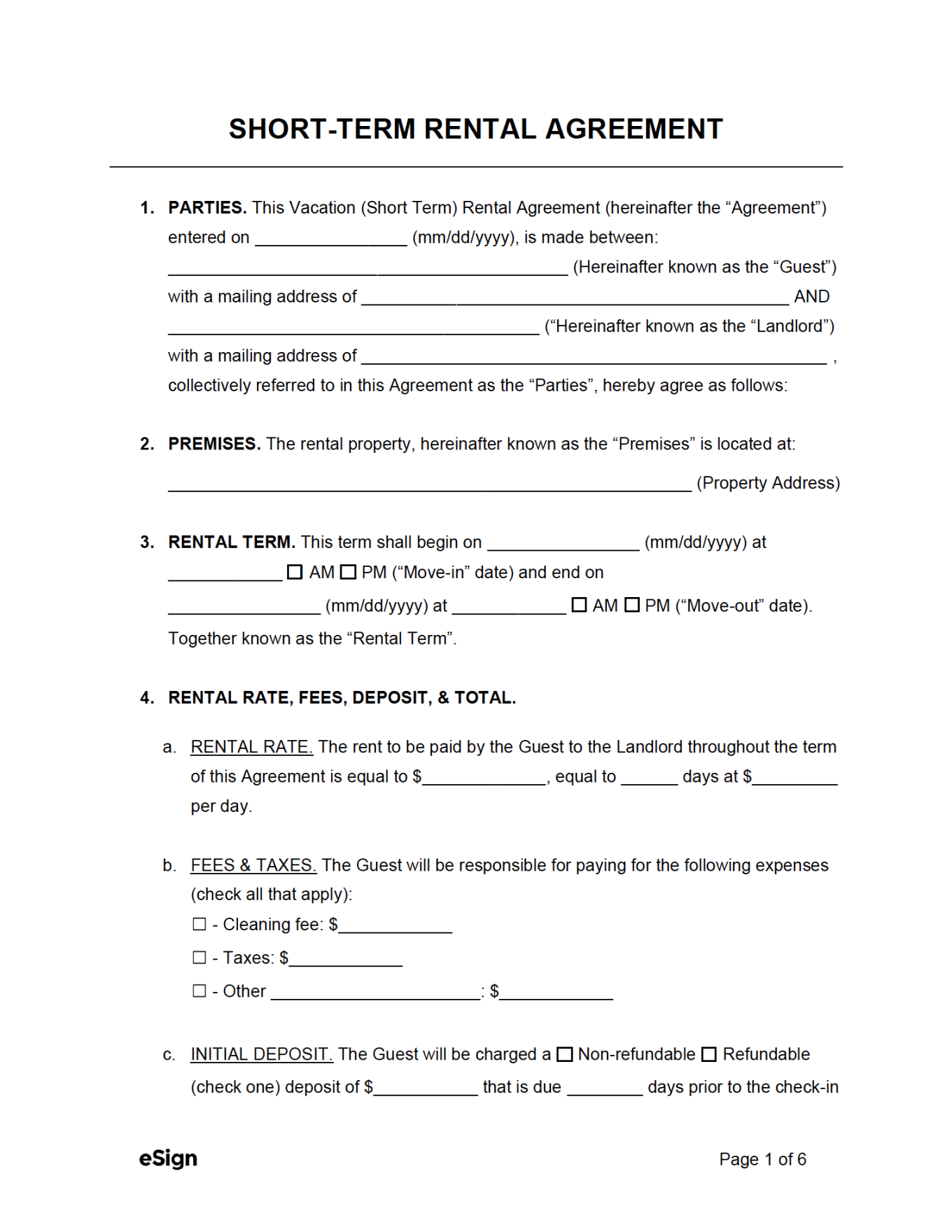 Free Short-Term / Vacation Lease Agreement Template  PDF  Word