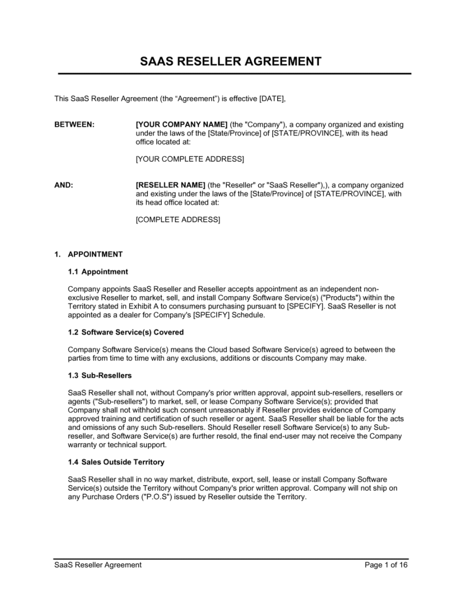 SAAS Reseller Agreement Template  [Download