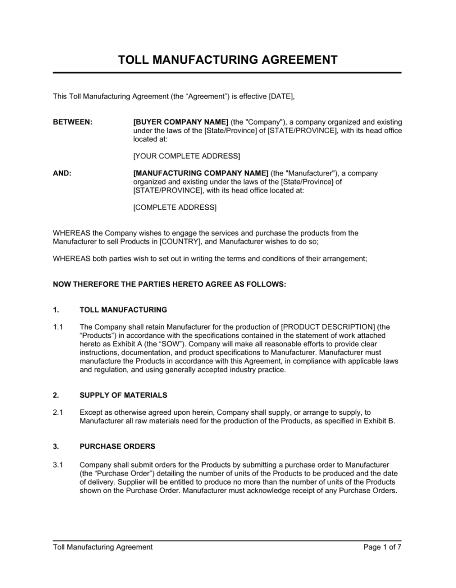 Toll Manufacturing Agreement Template  [Download